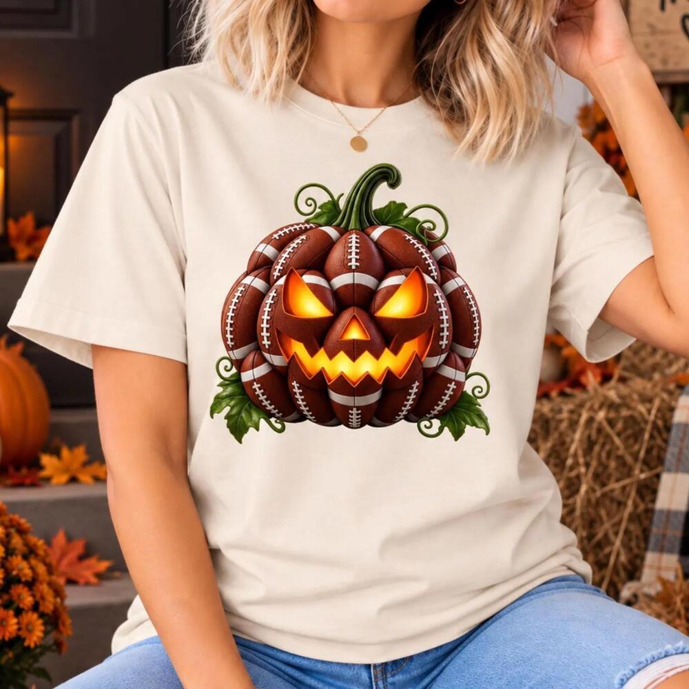 Halloween Shirt, Football Pumpkin Graphic Tee Spooky Fall Shirt